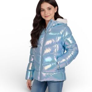 Iridescent Puffer Jacket Fur Hood Hooded Winter Coat Pearl Blue Girls Size 7/8